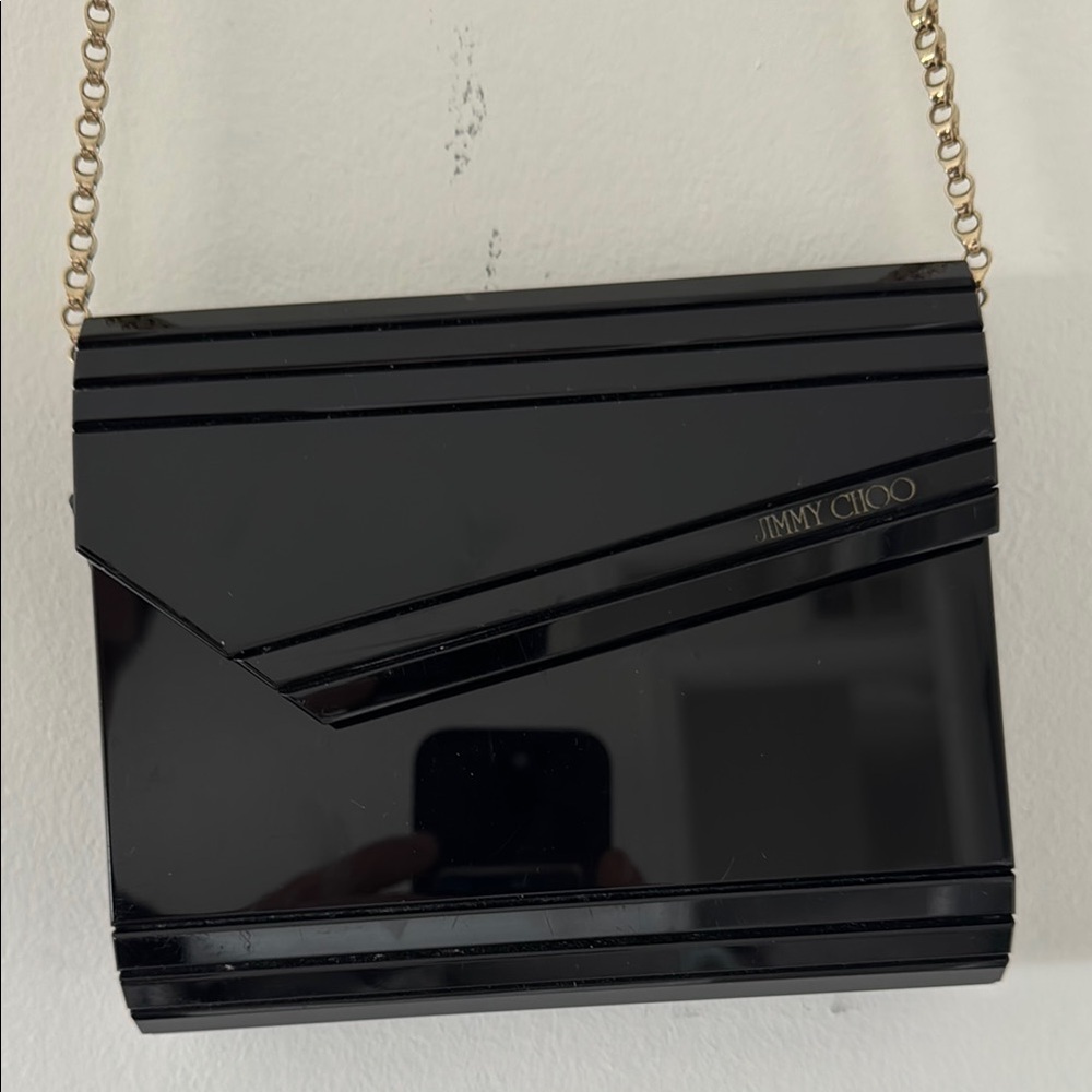 Jimmy Choo Black Patent Clutch with Gold Chain